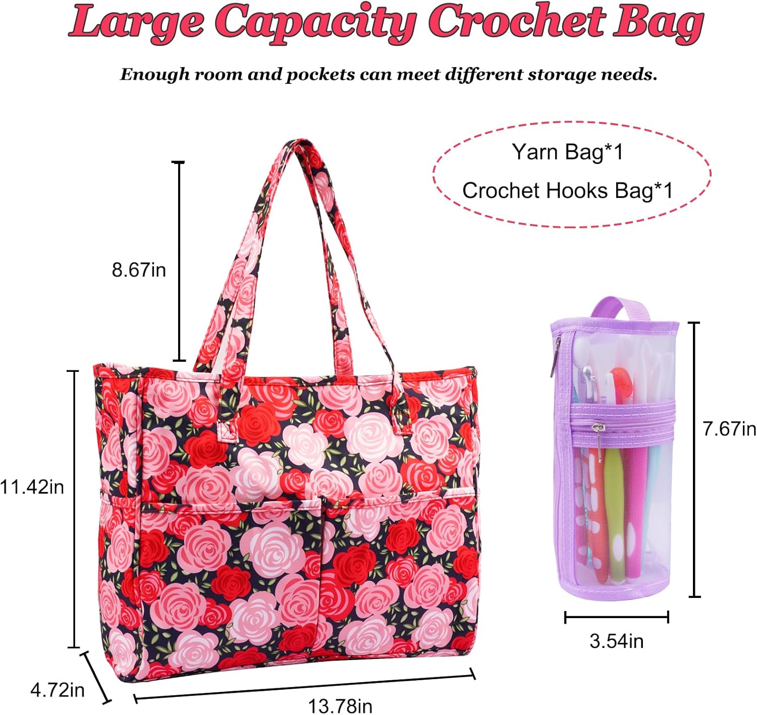 Hobekoee Crochet Bag Organizer Yarn Storage Organizer,Portable Yarn Bag with Multiple Pockets for Yarn Balls Knitting Crochet Accessories