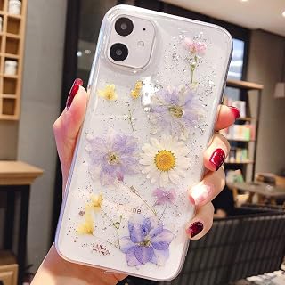 Tybiky Carcasa para iPhone 13 Pro, iPhone 13 Pro, carcasa de cristal de gel con flores secas, ultrafina, carcasa para iPhone 13 Pro, color lila y blanco