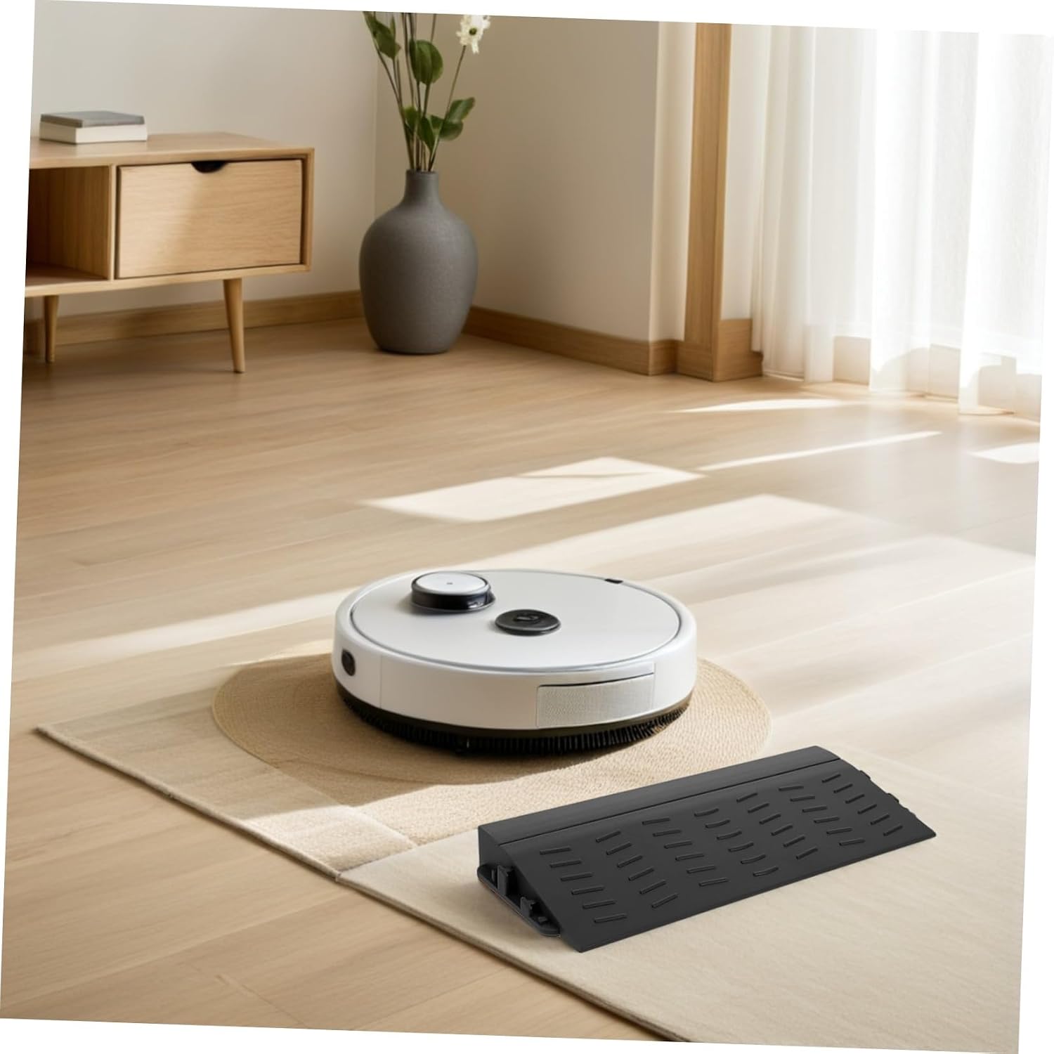 Robot Vacuum Threshold Ramp 4pcs Set, Black Non-Slip Plastic Doorway Strip Trim with 0.8 Inch Raised Edge, Compatible with Wheelchairs and Scooters for Home Entryway Access