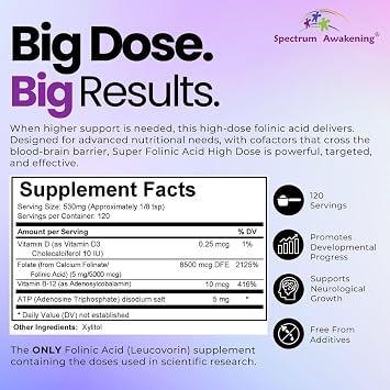 Spectrum Awakening Super Folinic Acid High Dose Powder | Leucovorin | Supports Normal Speech & Language Development in Children | 63 g