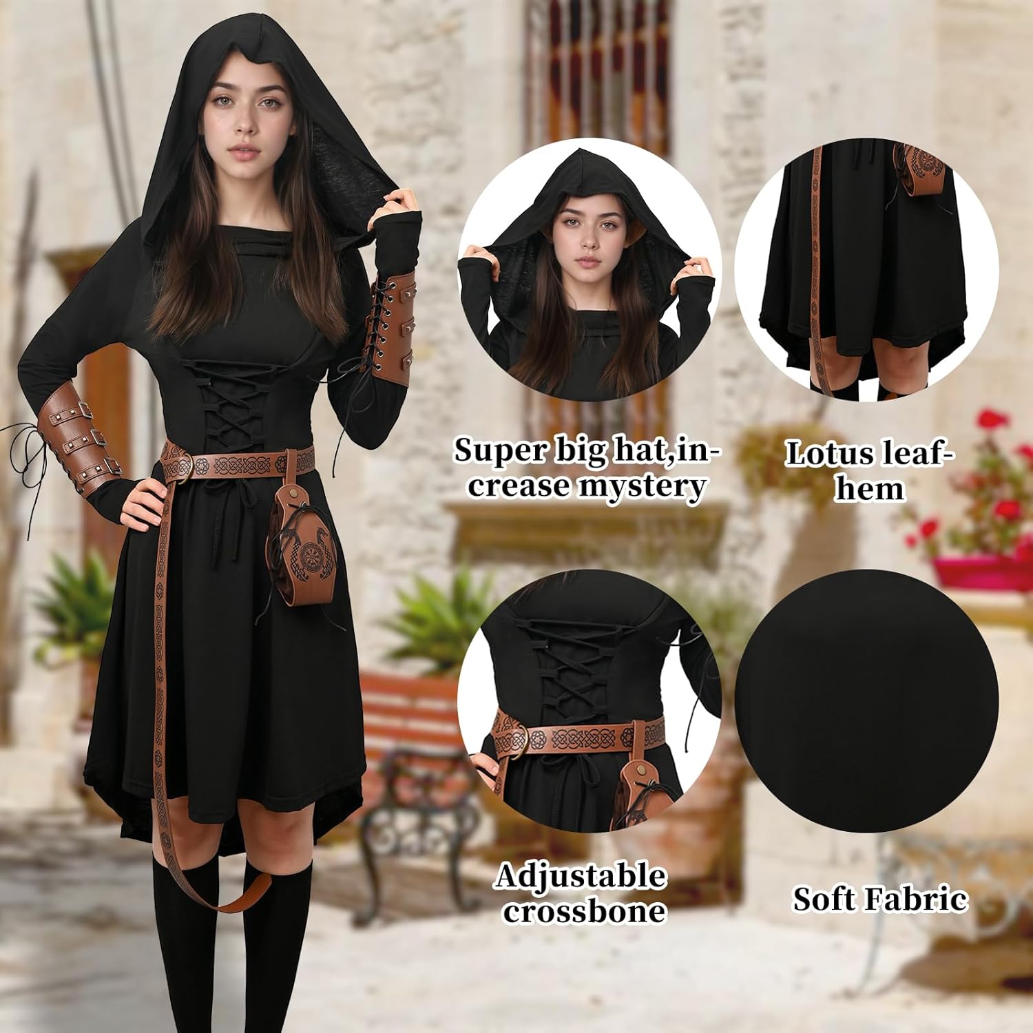 Womens Renaissance Costumes Medieval Vintage Hooded Dress, Gothic Costume Fancy Dress for Halloween, Carnival - Image 4