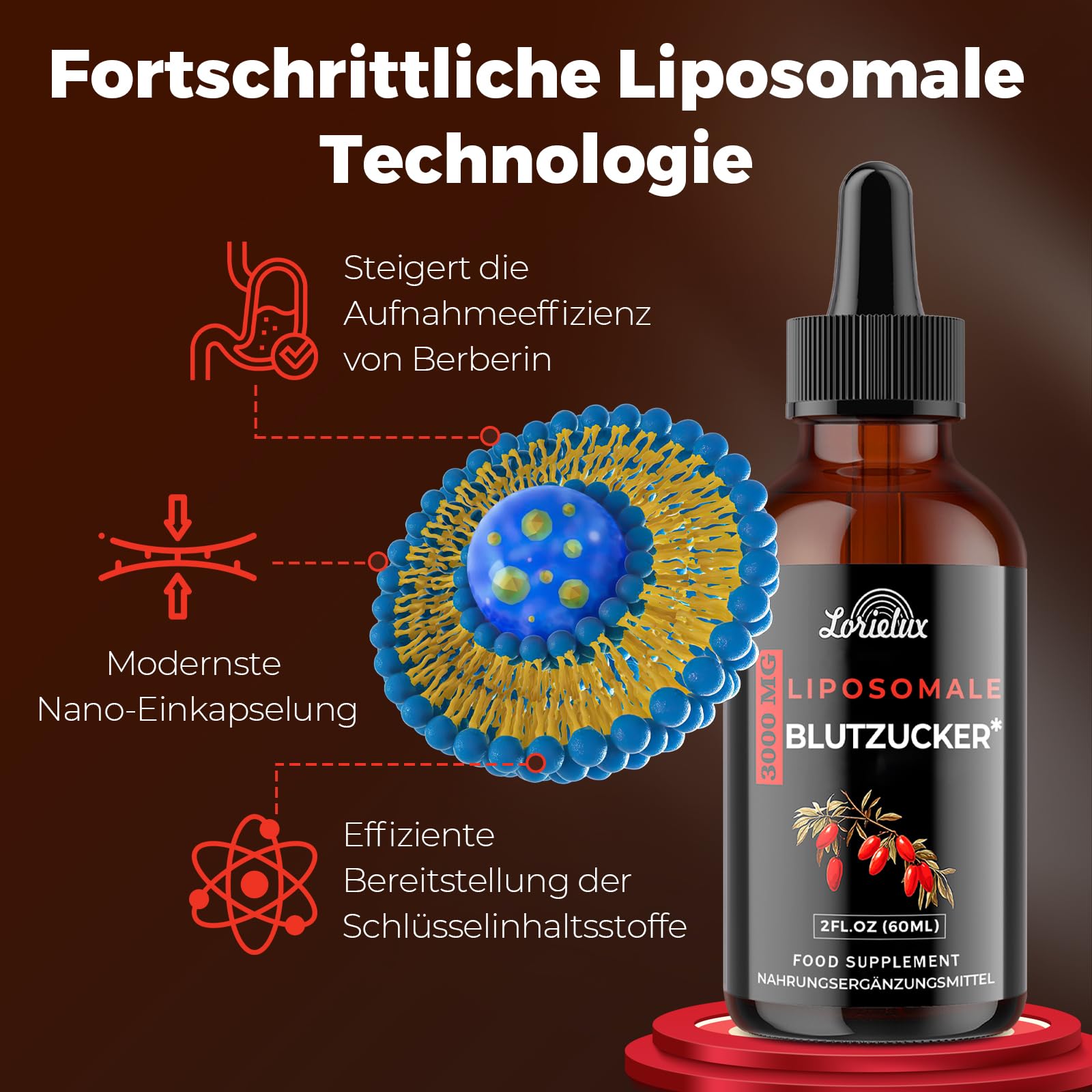 Liposomale Berberin Tropfen, 3000mg Blutzucker-Unterstützung, mit Grüntee-Extrakt, Ceylon-Zimt und Ingwerwurzel, 60 ml