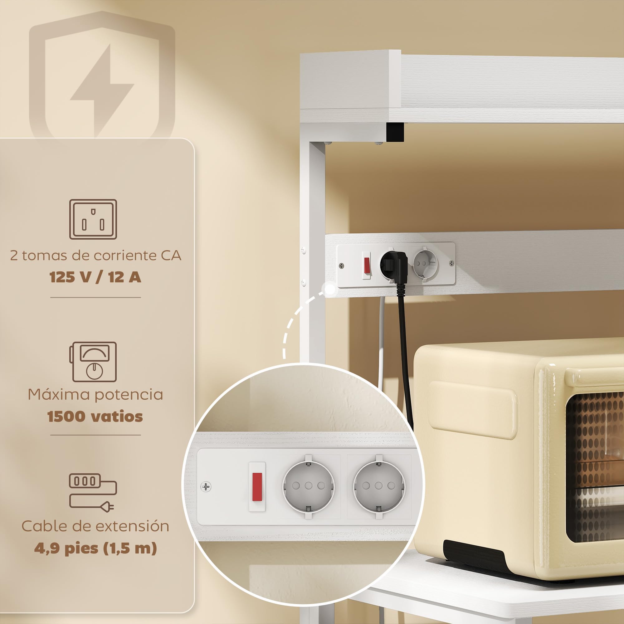 HOMCOM Scaffale da cucina con 2 prese elettriche, scaffale industriale da panetteria con postazione caffè, ripiano per microonde, ripiano regolabile, ganci, 60x42x137 cm, bianco