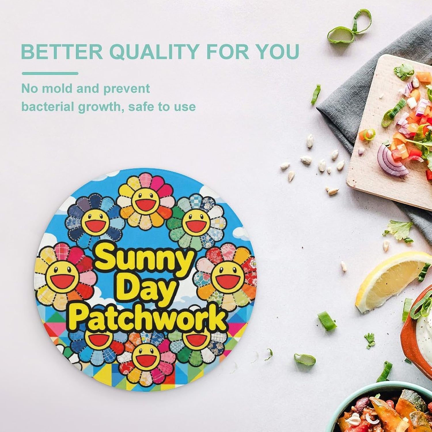 Sunny Day Patchwork Chopping Block Tempered Glass Cutting Board Mats Round Countertop Cutting Boards Sturdy Charcuterie Boards for Bar Cheese Board Snack Tray