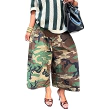 NRTHYE Womens Camo Cargo Jeans Army Fatigue Baggy Wide Leg High Waist Capris Camouflage Trousers Bermuda Boyfriend Pants