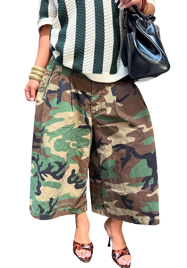 NRTHYE Womens Camo Cargo Jeans Army Fatigue Baggy Wide Leg High Waist Capris Camouflage Trousers Bermuda Boyfriend Pants