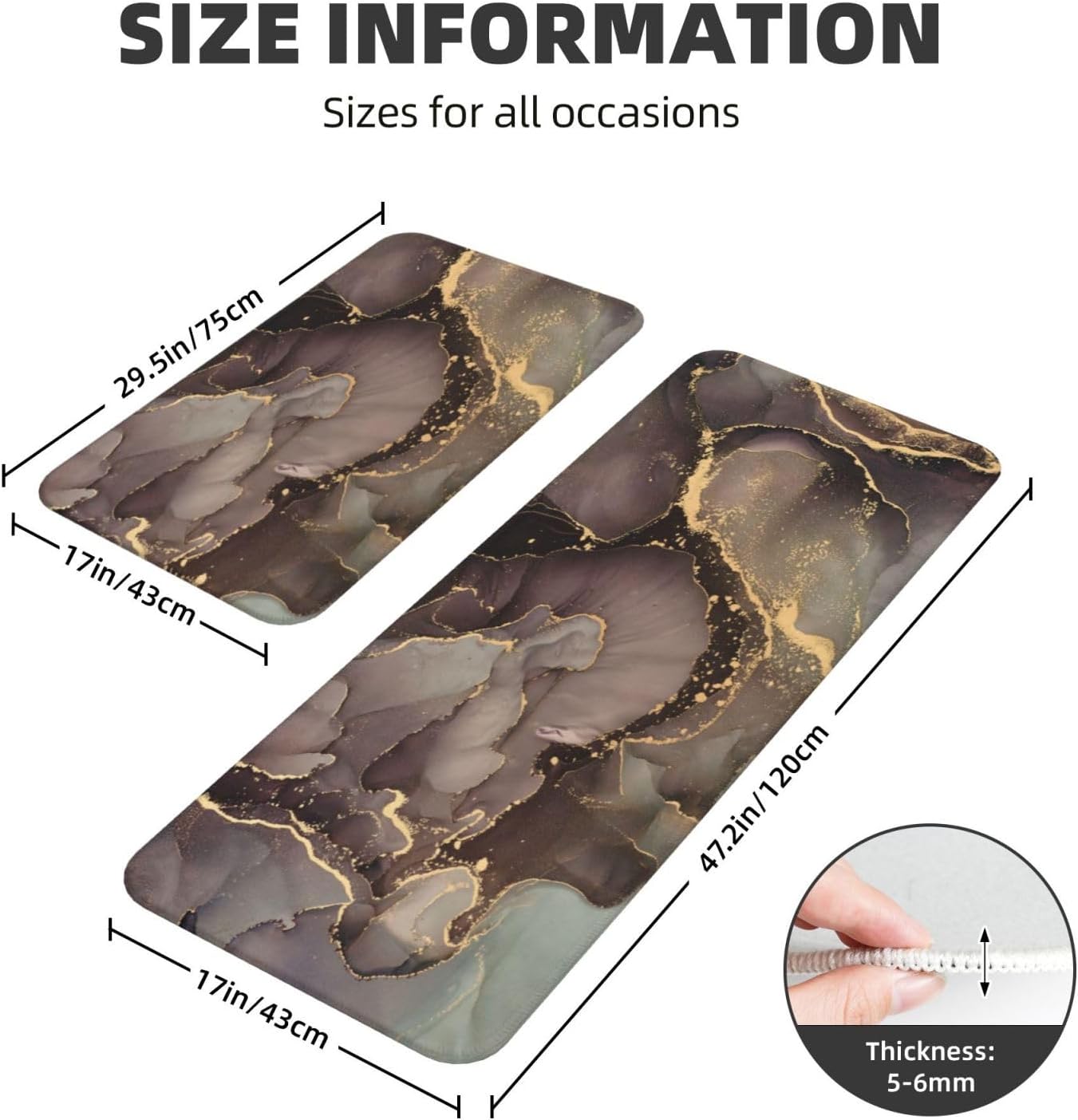 Black Gold Brown Marble Kitchen Rugs Microfiber Floor Mats Cushioned Carpet Runner Rug for Laundry Bathroom Living Room, 2 Piece Set 17"X 47" + 17"X 30"