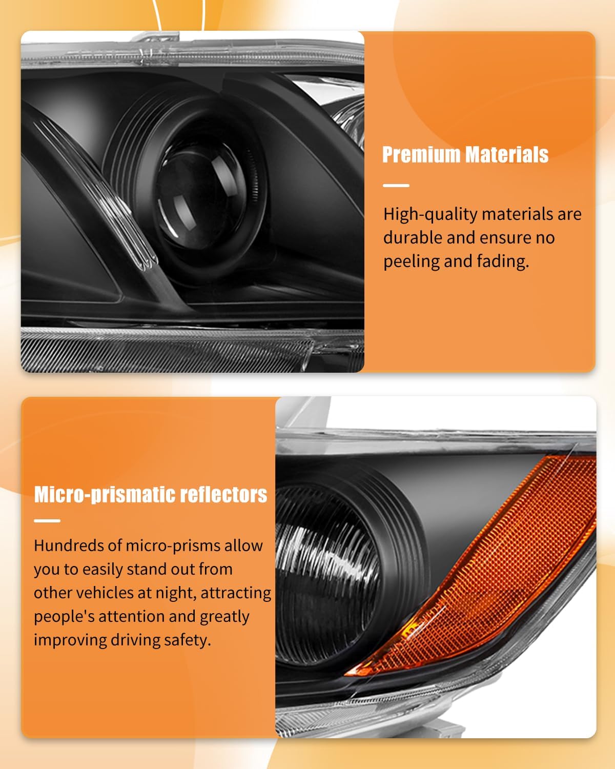 Driver Side and Passenger Side Headlight Assebmly for Toyota Camry 2007-2009 Black Housing Amber Reflector Clear Lens, Replace# 8113033652 8113033662 (1 Pair)