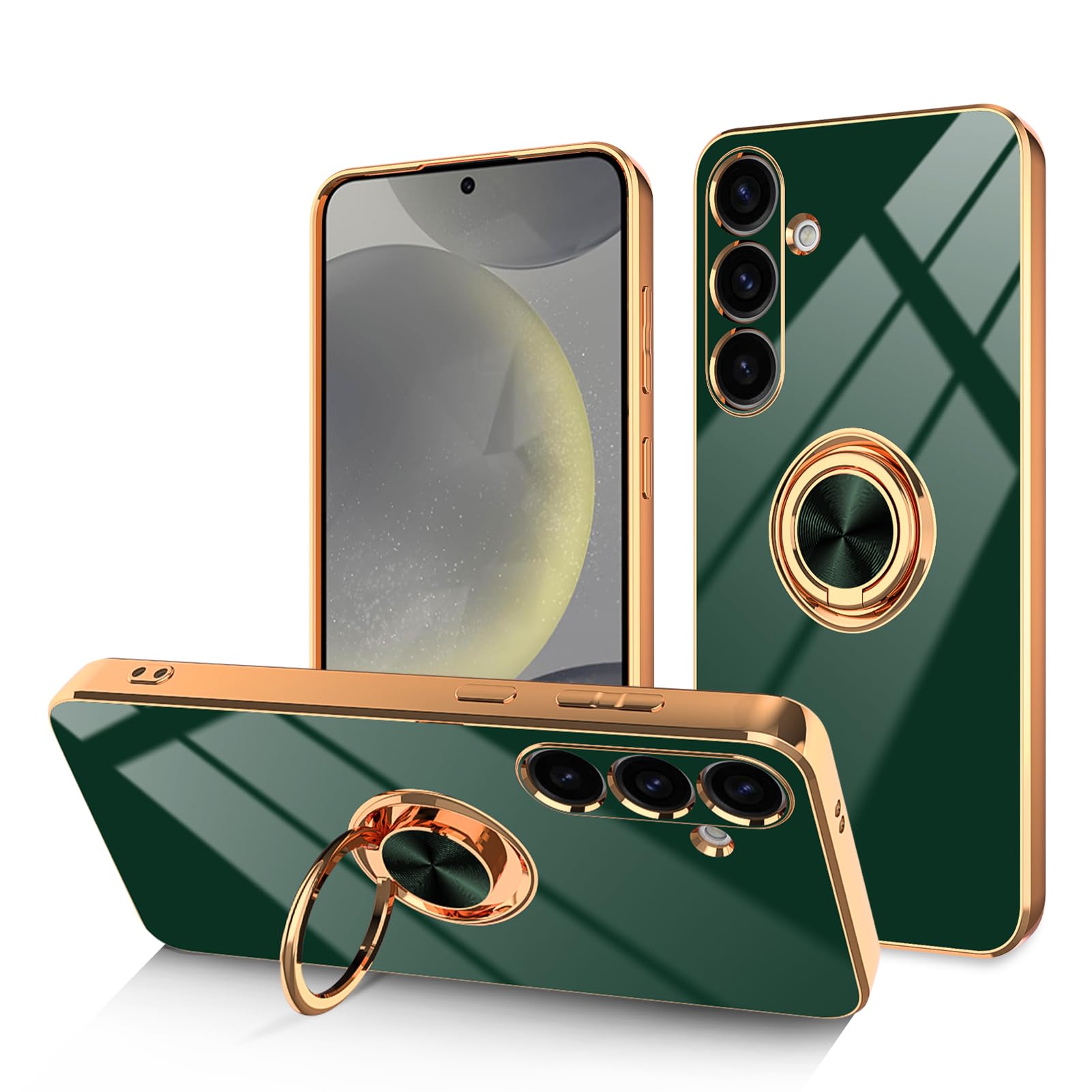 Dinick Green for Samsung Galaxy S24+ Case with Ring Holder Kickstand [with Magnetic] Soft TPU Bumper, Glitter Gold Electroplated Cover Slim Thin