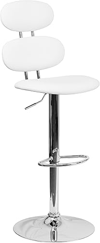 Flash Furniture Taburete de bar de altura ajustable de vinilo blanco contemporáneo con respaldo de elipse y base cromada