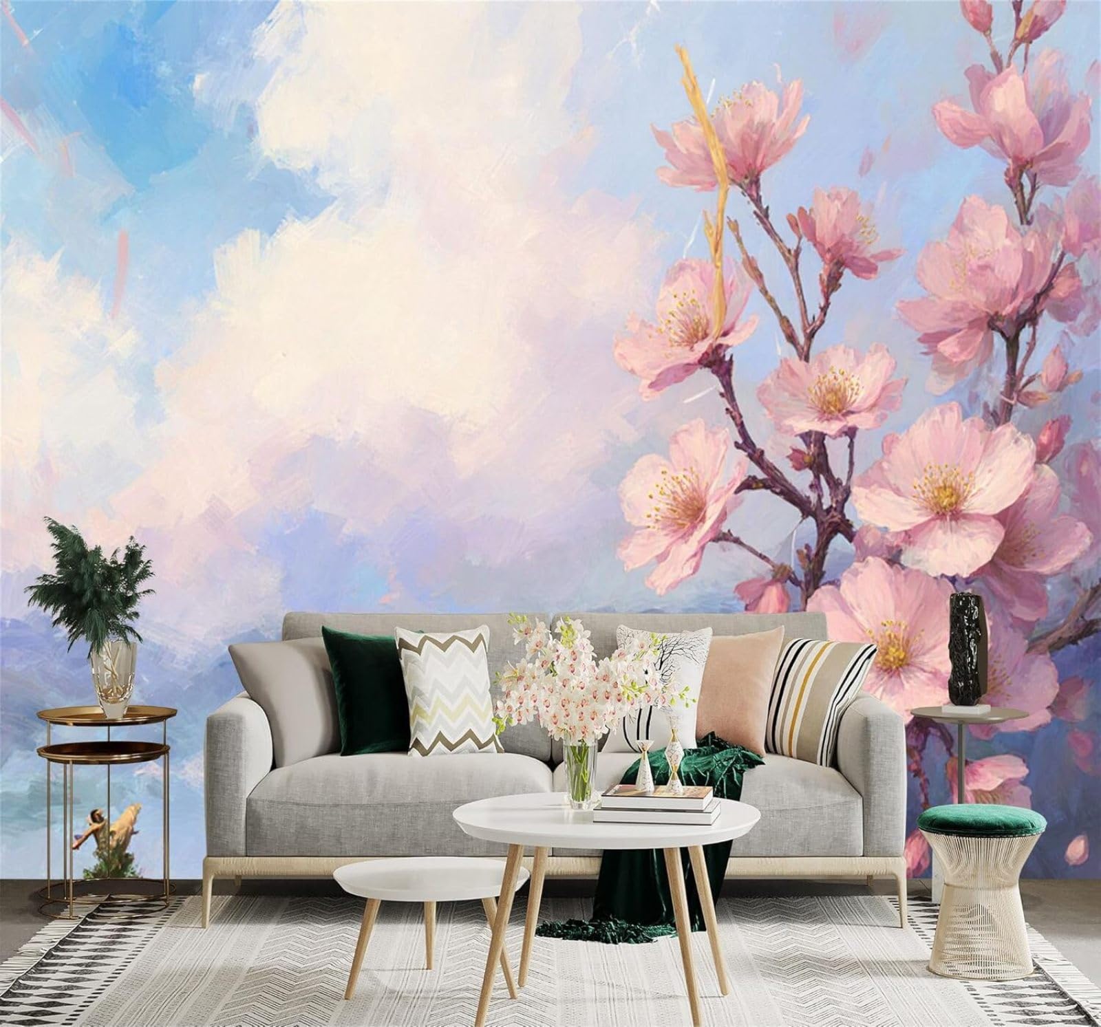 XLMING Hand Drawn Beautiful Pink Cherry Blossoms Blue Sky Clouds 3D Wallpaper Silky Texture Home Study Office Grey Dining Room Sofa Bedroom Living Room TV Backdrop-350cm×256cm