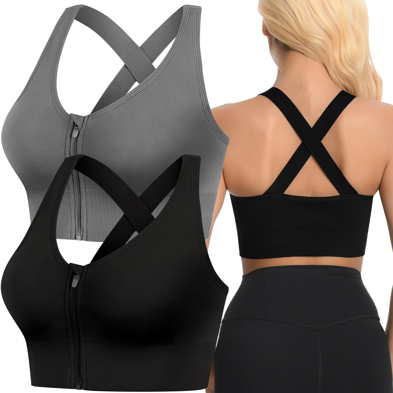 Sujetador Deportivo Mujer con Cremallera y Relleno, Impacto Medio | 2 Pack, Espalda Cruzada, para Running Gimnasio o Postoperatorio