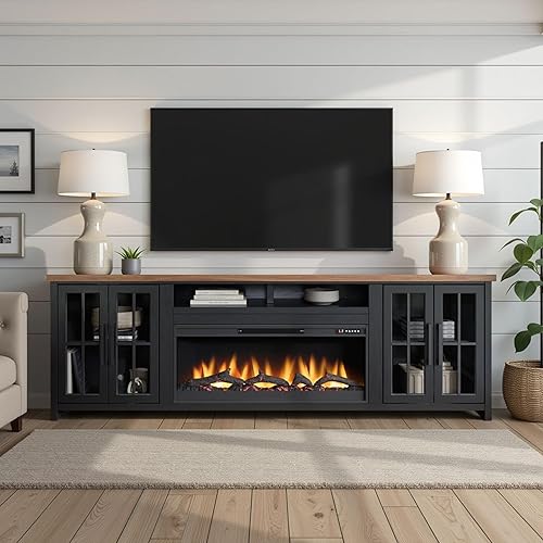 Bridgevine Home Essex Modern Farmhouse 97 inch Electric Fireplace TV Stand Entertainment Center, Accommodates TVs up to 100 inches, Easy Assembly, Solid Wood, Black and Whiskey Finish