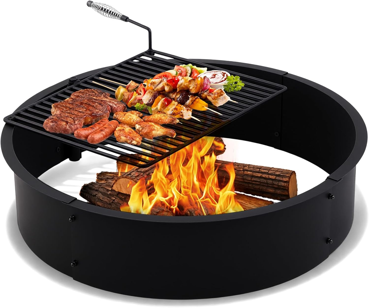 36 Inch Steel Heavy Duty Fire Pit Ring with 16" x 19" Grill Grate, Outdoor Wood Burning Campfire Pit with Spring Handle for BBQ Backyard, Patio & Bonfire Heating