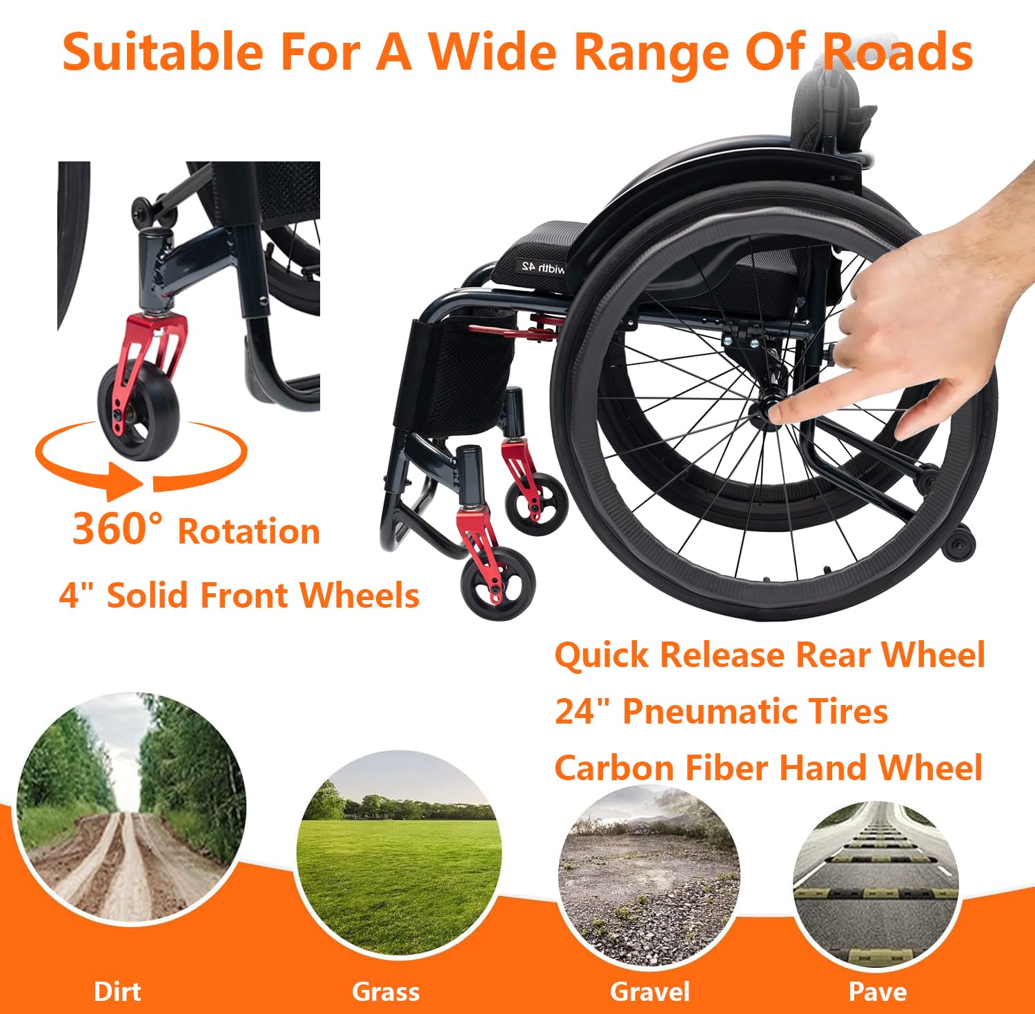 Silla Ruedas autopropulsada Ligera para Adultos, Silla de Ruedas para Deportes, Aluminio, de tránsito, Rueda de Mano de Fibra de Carbono(38cm/14.9in Seat,Sports)