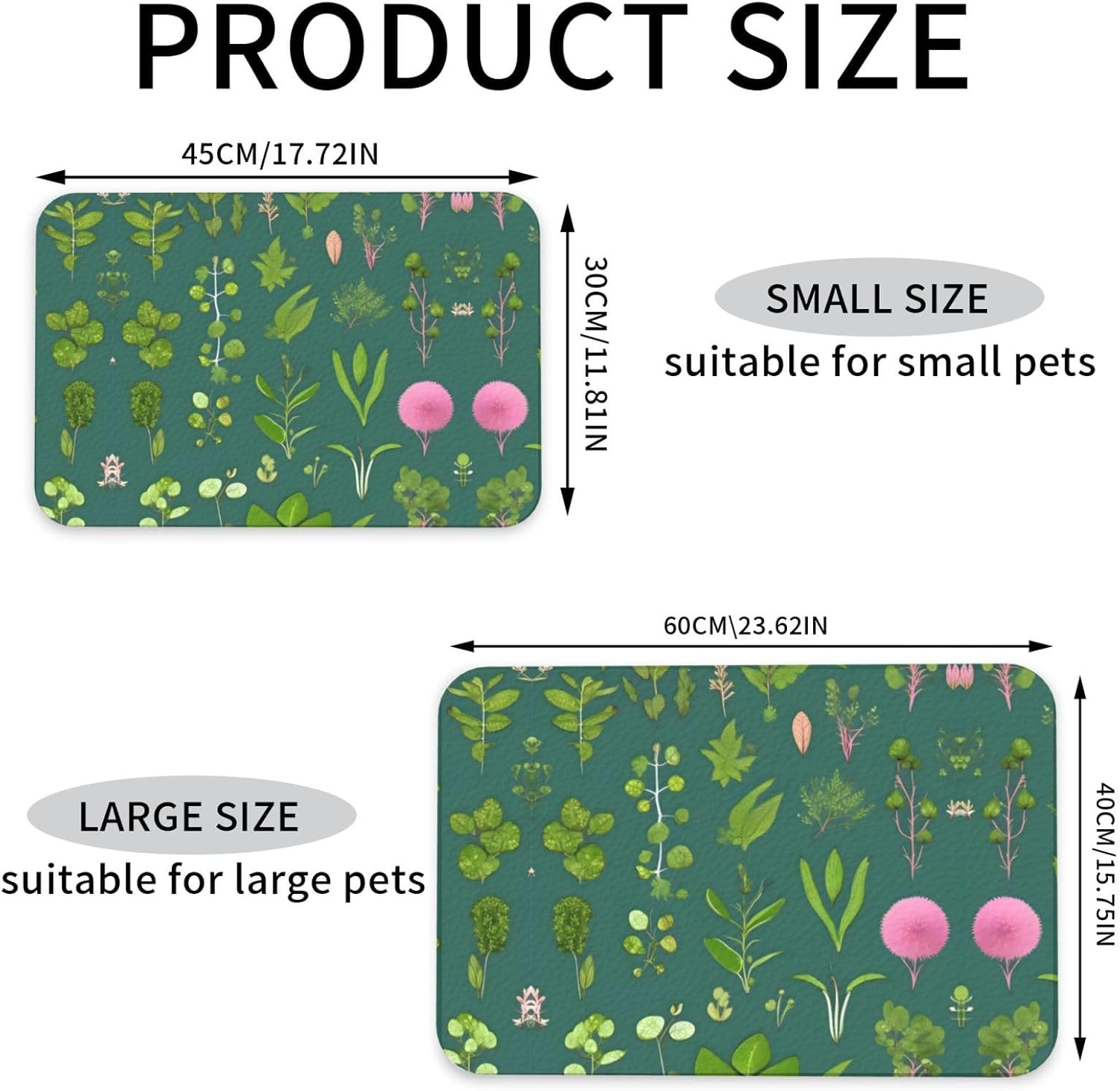 30x45cm Flowers and Plants Print Pet Absorbent Feeding Mat - Quick Dry Food Pad/Leather Placemat, for Dog Cat Food Bowl Water