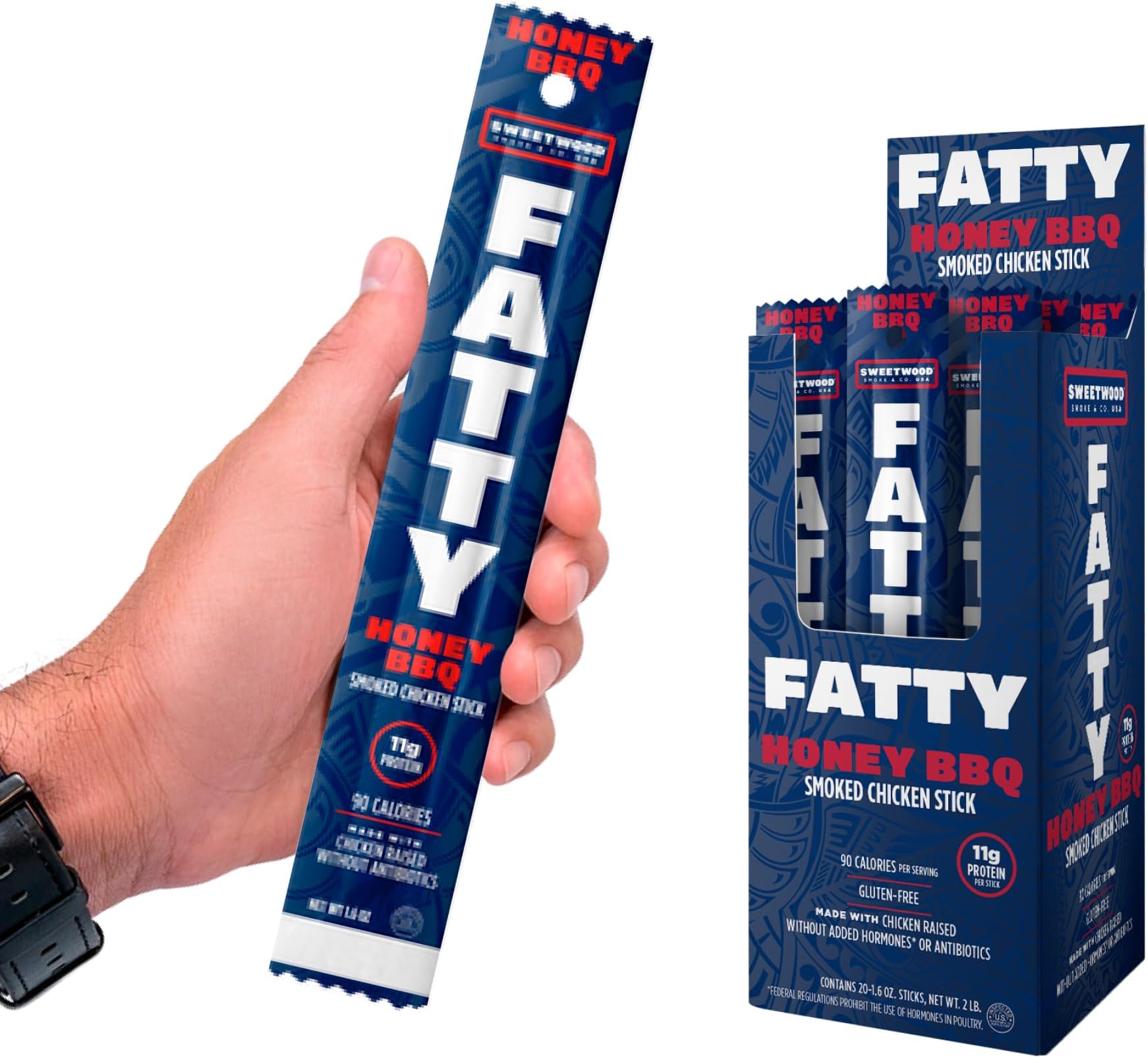 FATTY Smoked Chicken Sticks Raised Without Added Antibiotics, Honey BBQ Flavor, 11g Protein Per Stick, 1.6 oz. (Pack of 20)