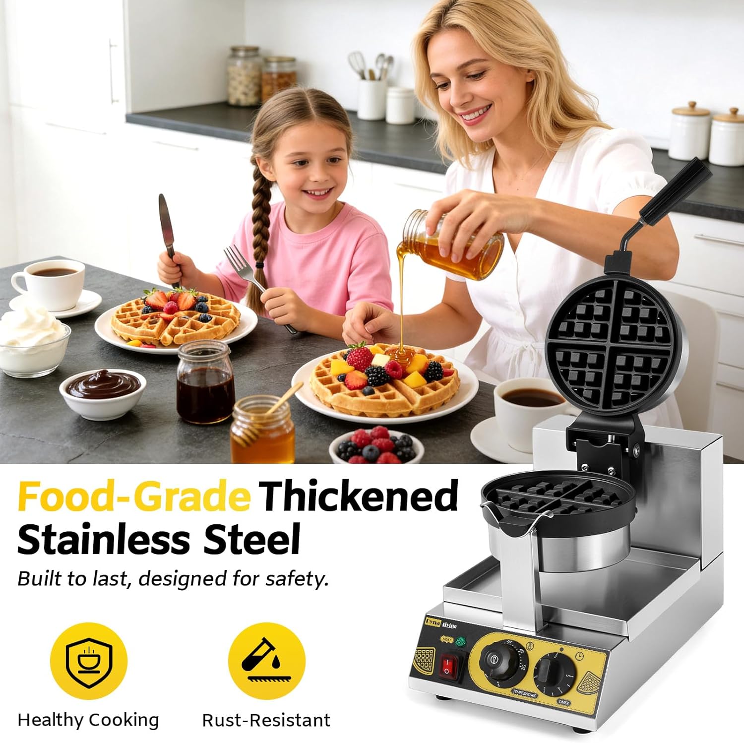 Dyna-Living Commercial Waffle Maker Belgian Waffle Iron for Restaurant, 1200W Flip Professional Waffle Maker Non-Stick Electric Restaurant Waffles Machine for Bakery Snack, 122℉-572℉ Temp Adjustable