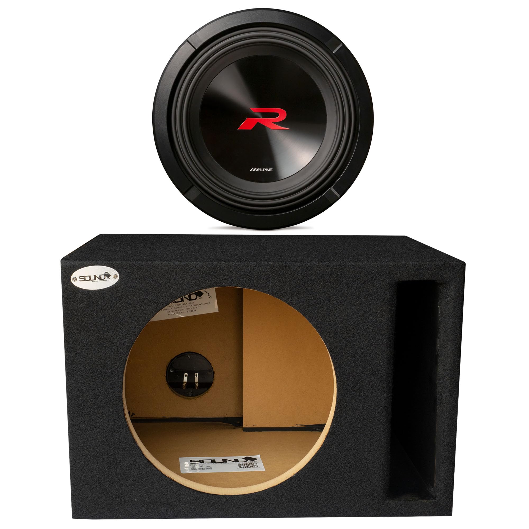 Alpine R2-W10D4 R Series 10 Dual 4-Ohm Subwoofer with SoundBox E Series Single 10-Inch Vented Subwoofer Enclosure Bundle