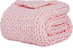 YnM Weighted Blanket, Handmade Chunky Knitted Design, Soft and Cozy, Temperature Regulating and Breathable, Machine Washable Throw for Sleep or Home Decor (Pink Fancy Yarn, 50x60 Inch, 10lbs)