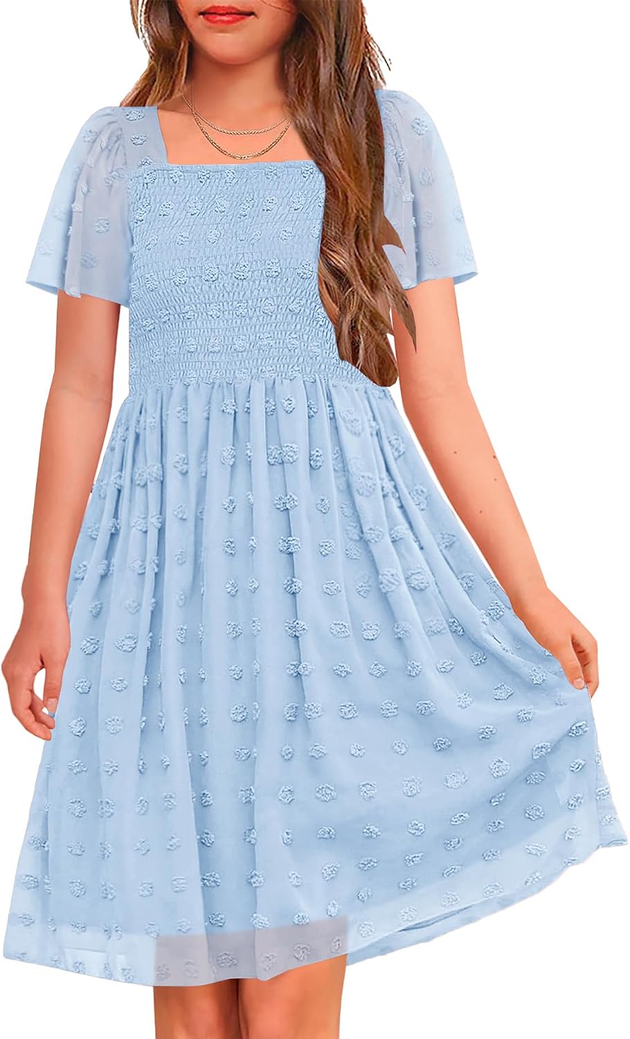 HOSIKA Girls Short Sleeve Dress Boho Swiss Dot Square Neck Smocked Summer Dresses with Pockets 6-12 Years