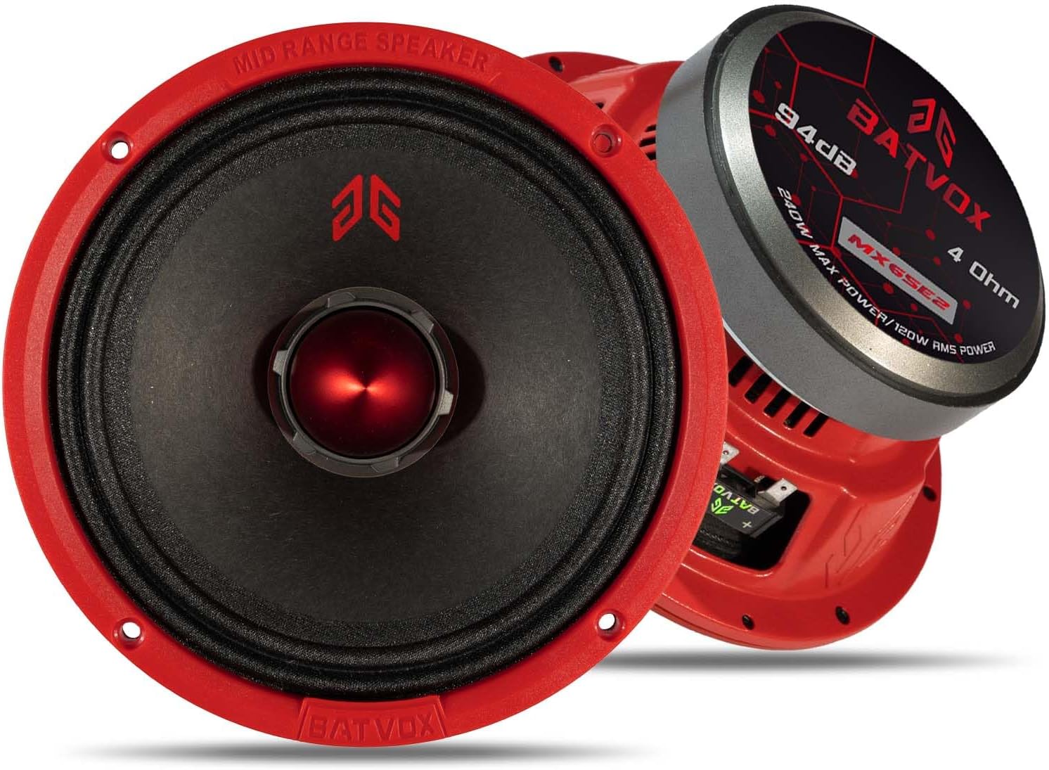 GRTSKY MX65E2 6.5" Red Bullet Midrange Speakers, 480W Peak 4 Ohm Car Truck Door Audio Pair, Premium Sound Upgrade