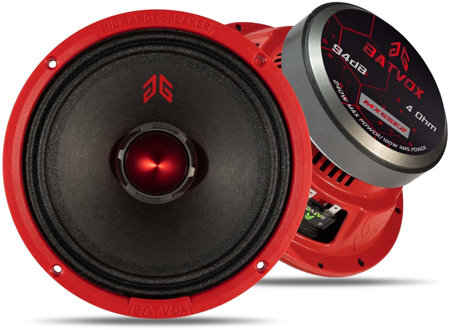 MX65E2 Loudspeaker 6.5 Inch Midrange 480 Watts 4 Ohms Red Bullet, Premium Quality Audio Door Speakers for Car or Truck Stereo Sound System, Red (2 Speakers)