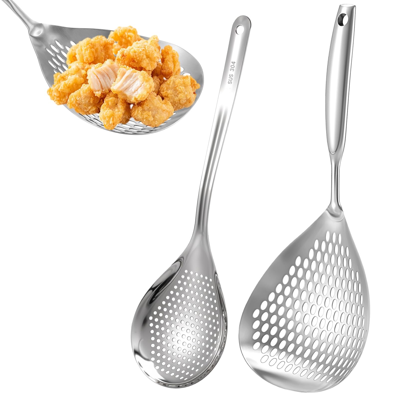 2 Pack Skimmer Slotted Spoon Strainer with Long Handle, Stainless Steel Pasta Spider Strainer Skimmer Ladle for Pasta Frying Strainer, Frying Strainer Spoon, Kitchen Cooking Skimmer Colander