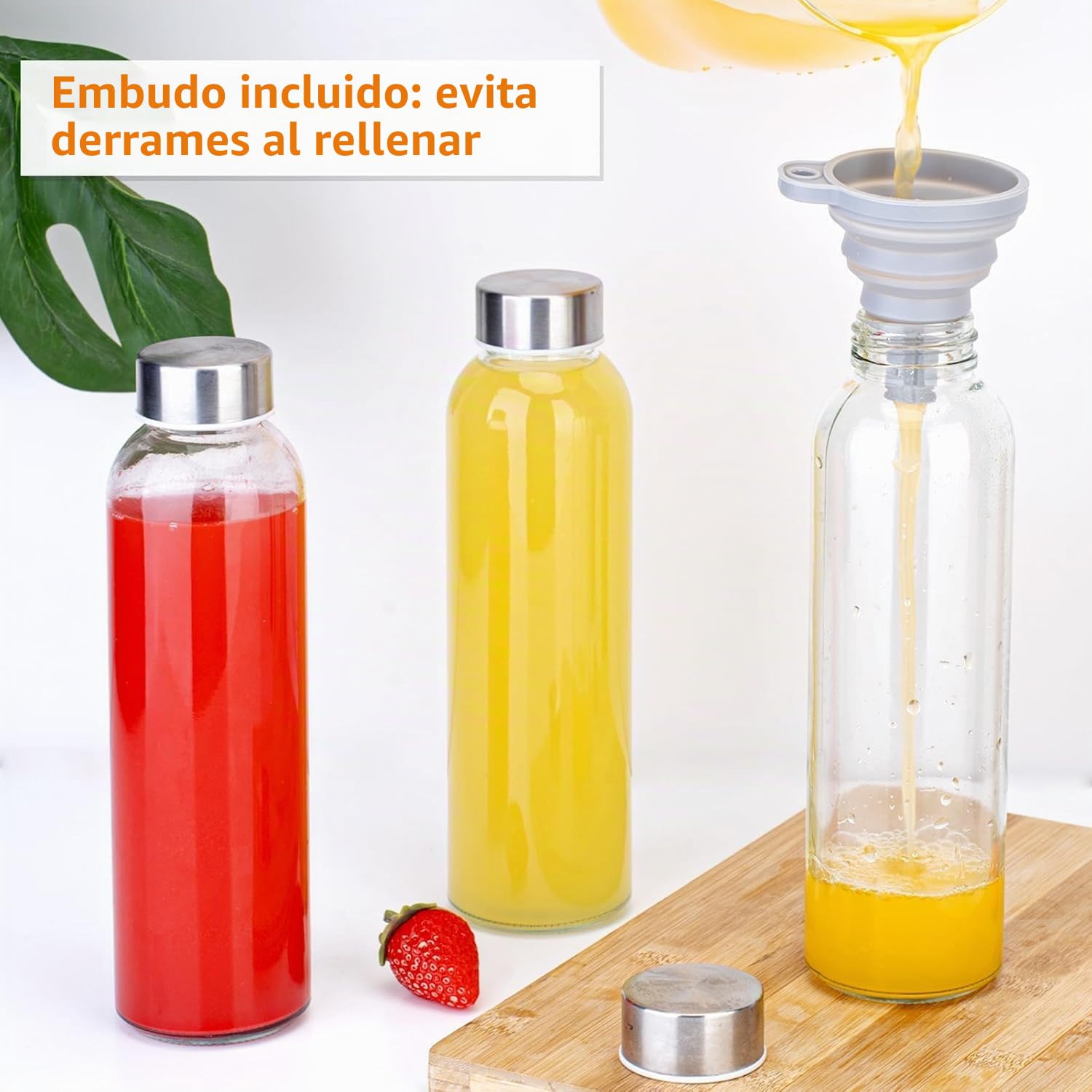 KAHEIGN 10 Piezas Botellas de Vidrio con Tapa Hermética de Acero Inoxidable, 540ml /18oz Jarra para Jugo a Prueba de Fugas Transparente Reutilizable con Limpieza Cepillo, Embudo, Hielo Palitos Bandeja