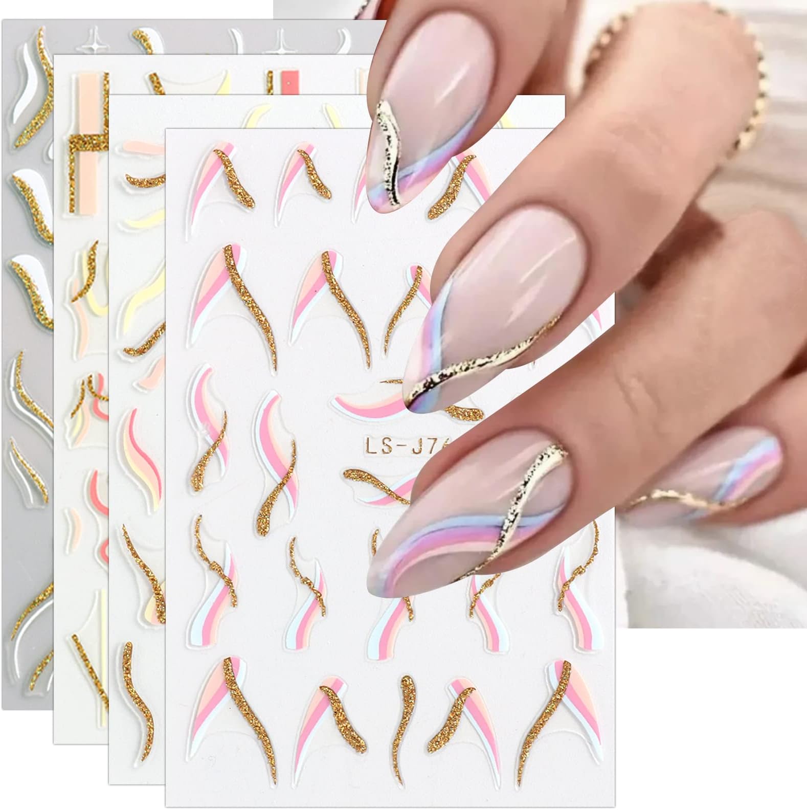 JMEOWIO Nail Stickers French Tip 9 Sheets Nail Art Stickers Self-Adhesive Nail Stickers Glitter Wave Line Decoration Nail Design Accessories