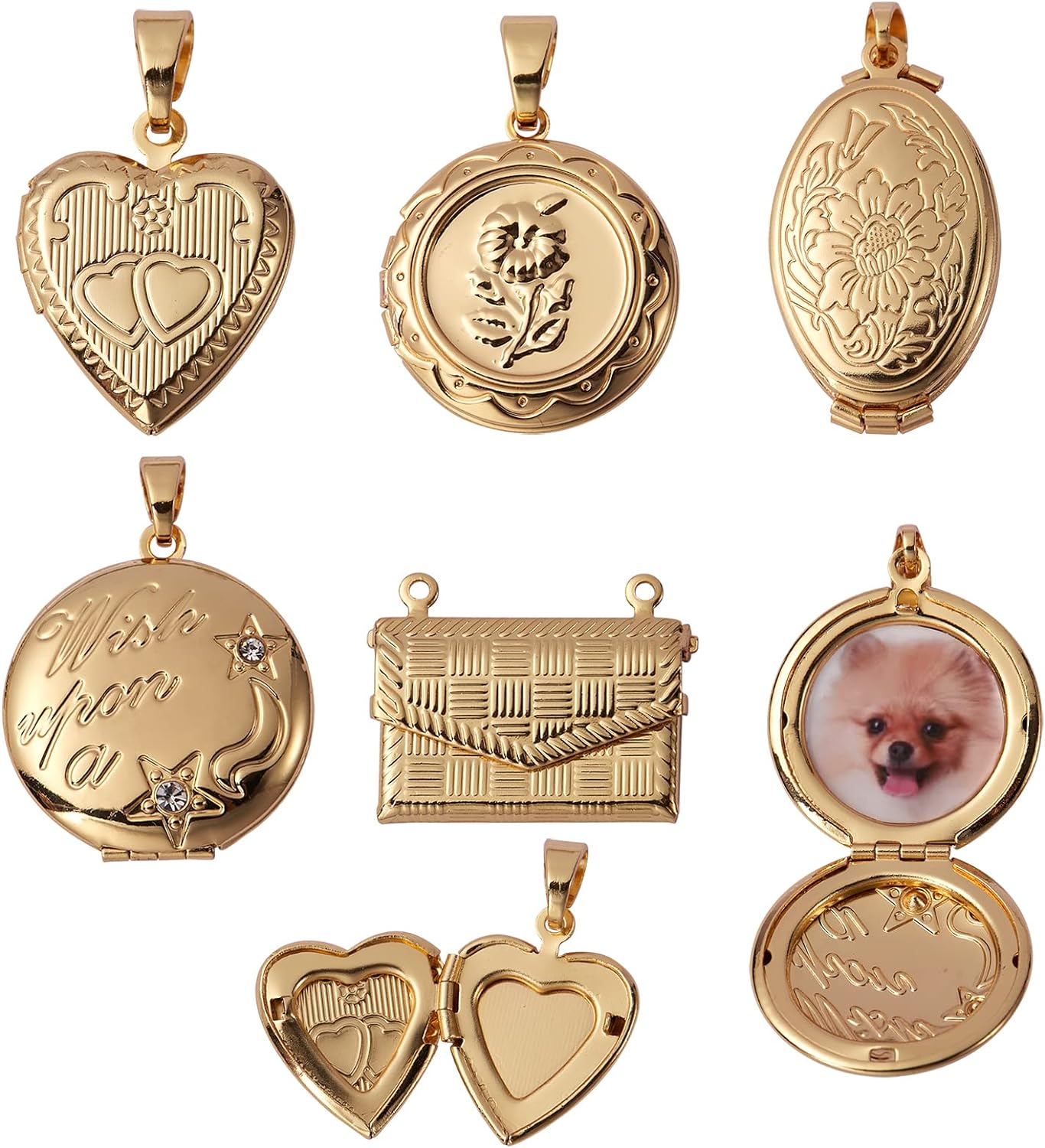 5 Pcs 5 Styles Brass Locket Pendants Photo Frame Charm for Necklace Heart Photo Frame Charm Pendants for DIY Memorial Necklace Making