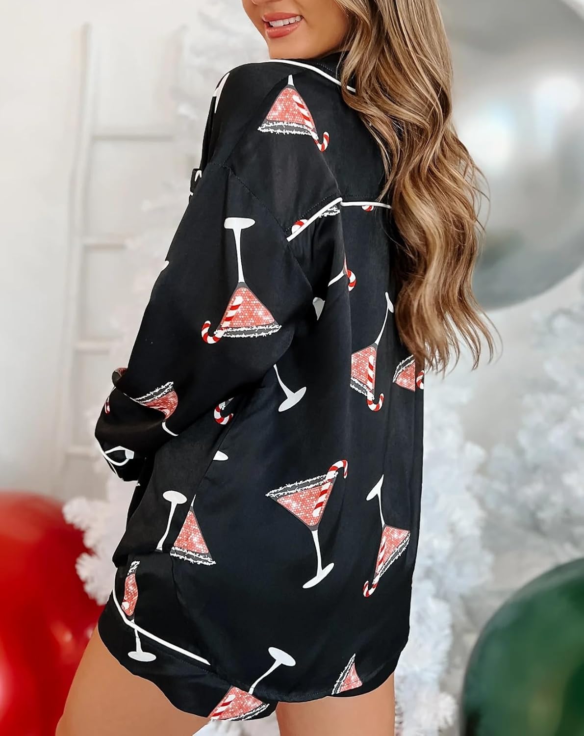Women Christmas Silk Pajamas Set Pjs Satin Long Sleeve Santa Button Up Top and Shorts 2 Piece Lounge Sleep Outfits - Image 3