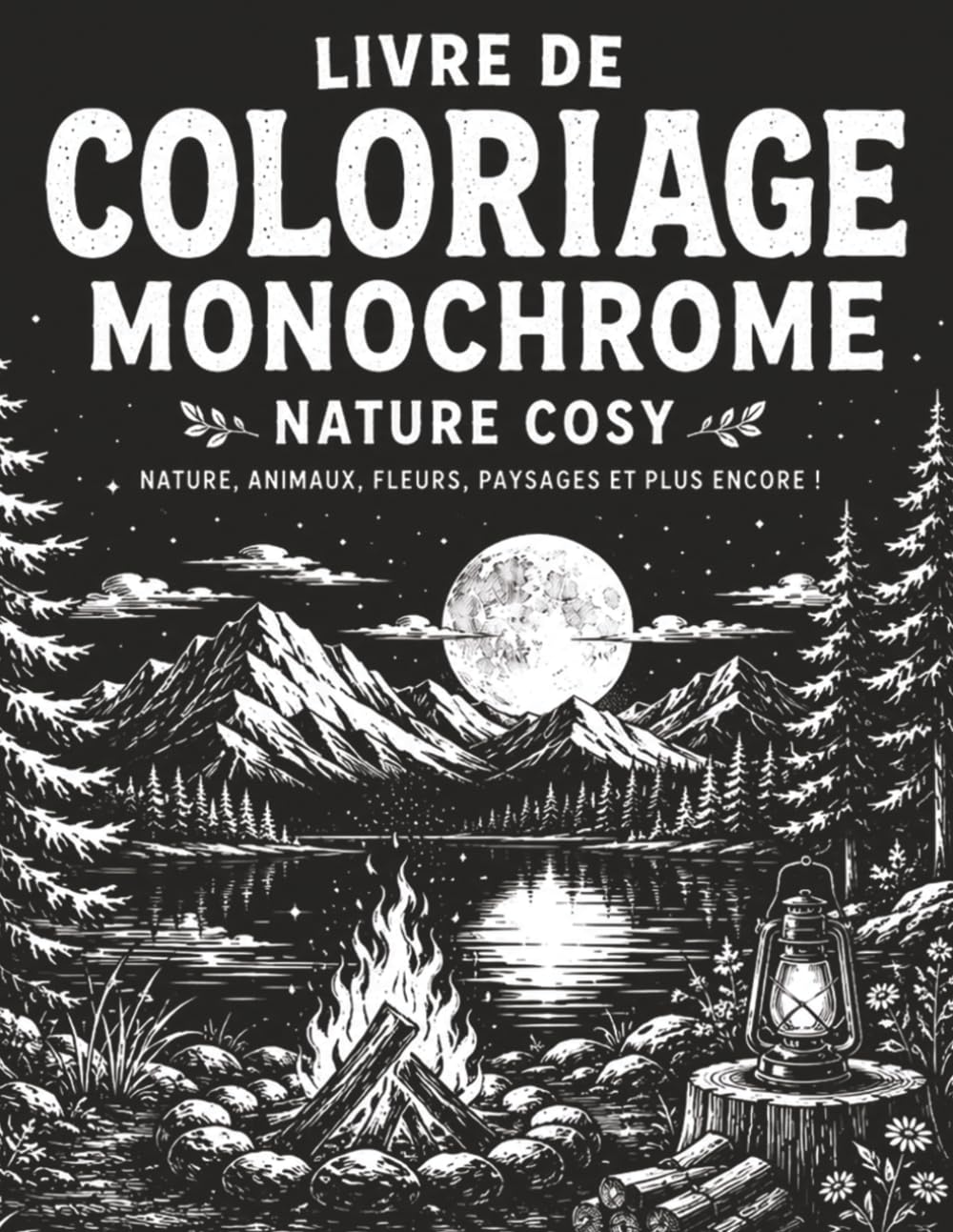 Livre de Coloriage Monochrome Nature Cosy: Cahier de Coloriage Monochrome avec 50 Scènes Apaisantes de Paysages, Animaux, Fleurs, Forêts et Instants Cosy