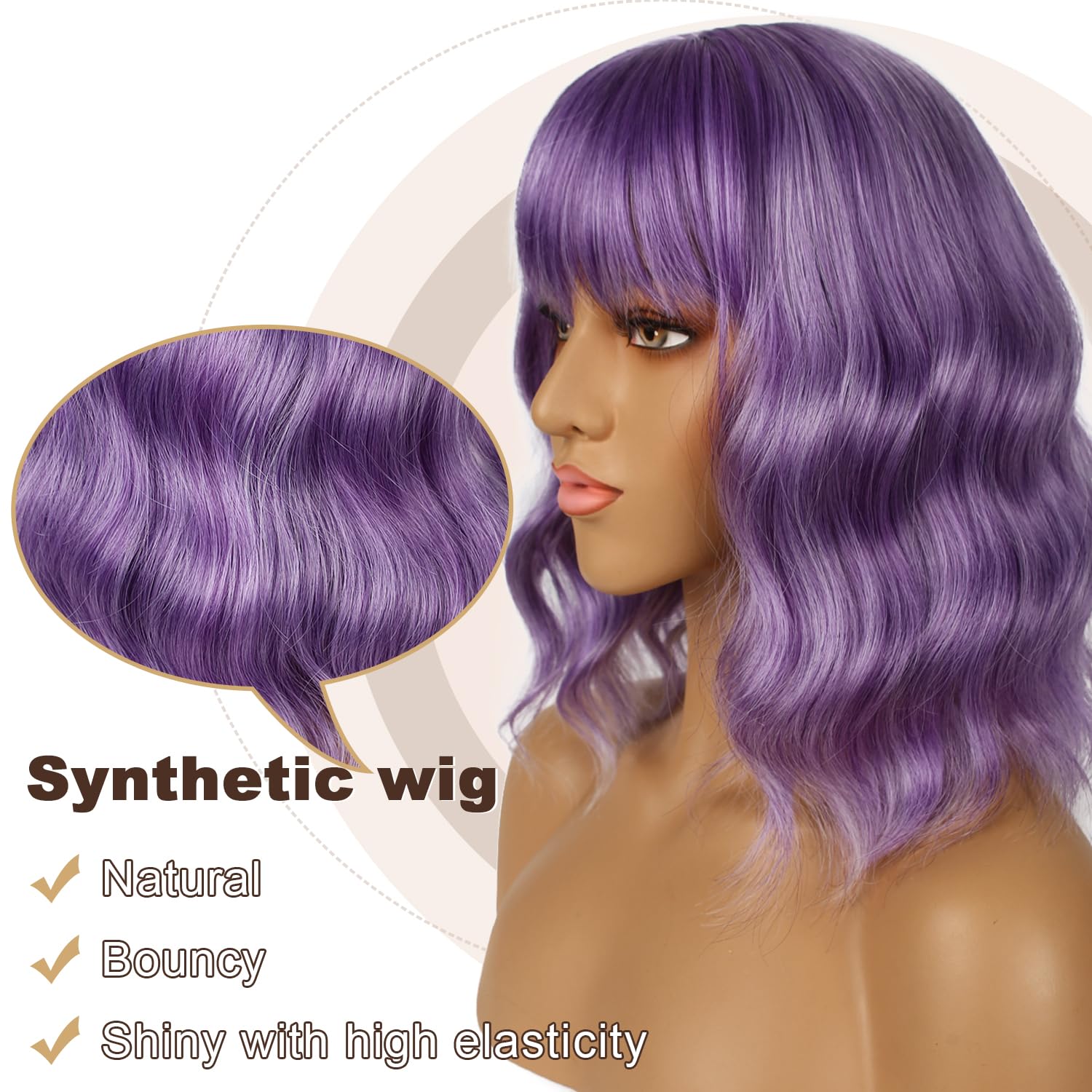 Short Bob Wigs with Bangs for Women Loose Wavy Wig Curly Wavy Shoulder Length Bob Synthetic Cosplay Wig for Girl Colorful Costume Wigs (Violet) - Image 2