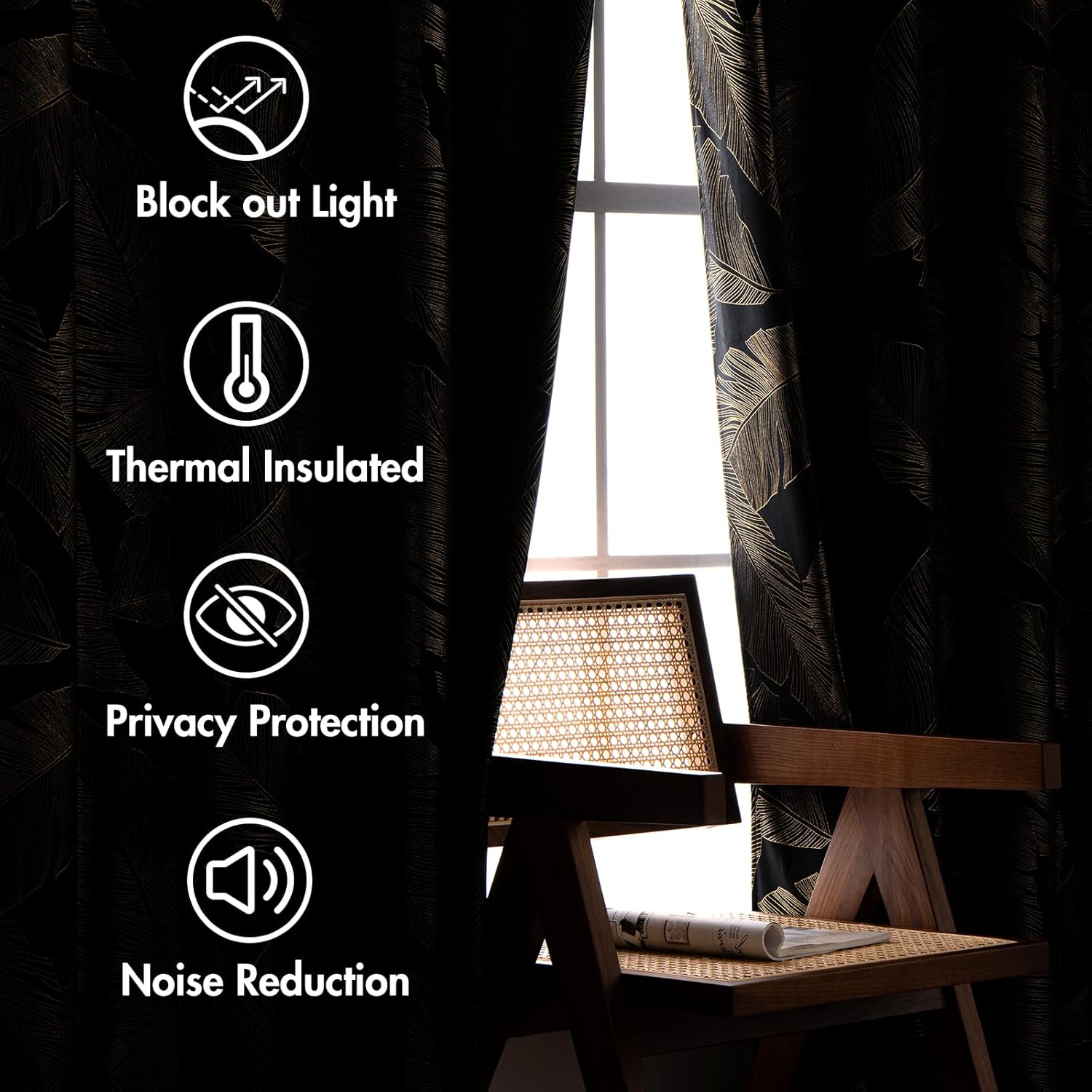 MIULEE Black Velvet Blackout Curtains 84 Inches Long 2 Panels Set, Gold Leaf Patterned Printed Curtains for Bedroom Living Room Soft Room Darkening Thermal Insulated Grommet Luxury Window Drapes