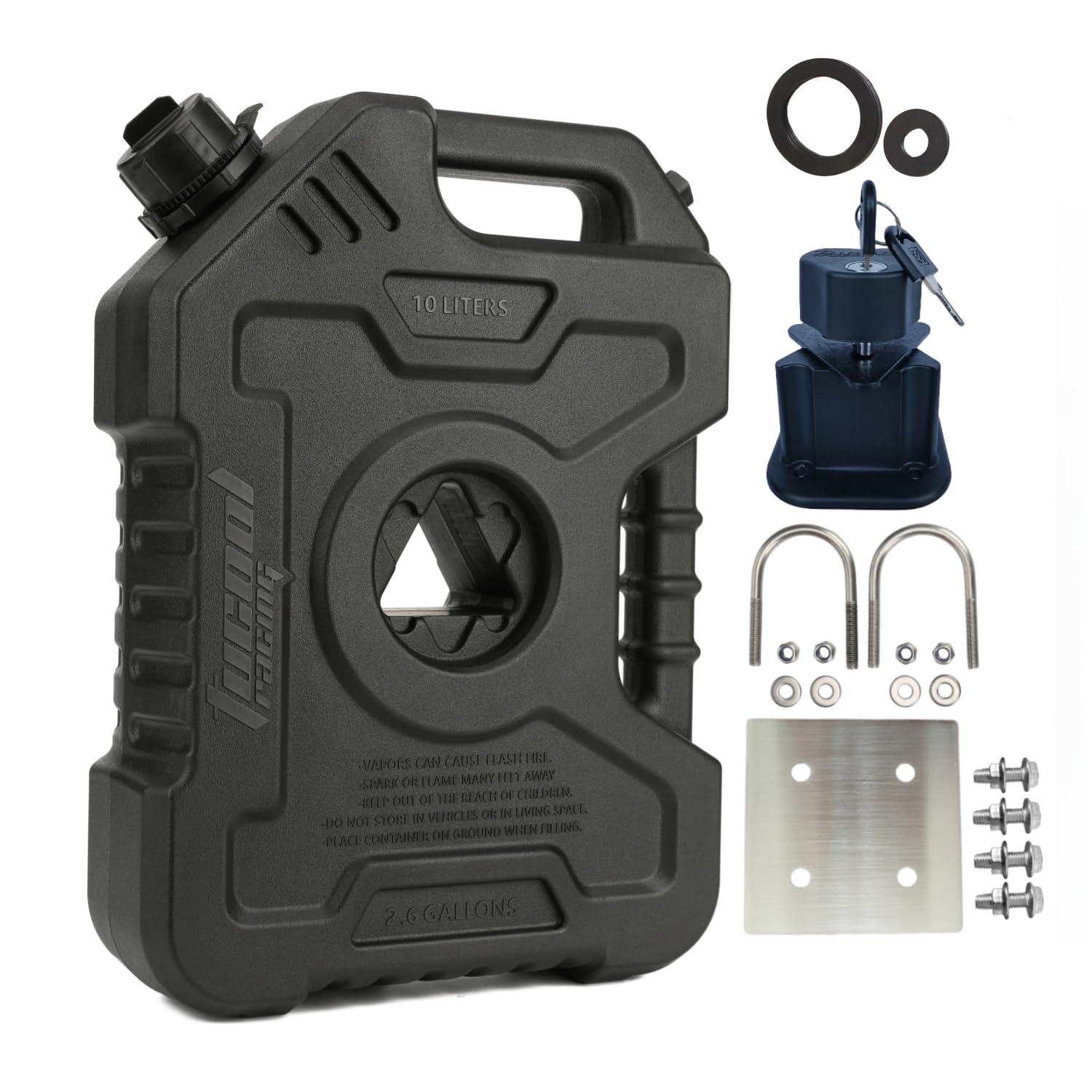 Depósito de combustible de 10 L, bidón de combustible de 2.6 galones para motocicleta, SUV, ATV, coches, barcos, todoterreno, (soporte THLH-10L 304ss negro)
