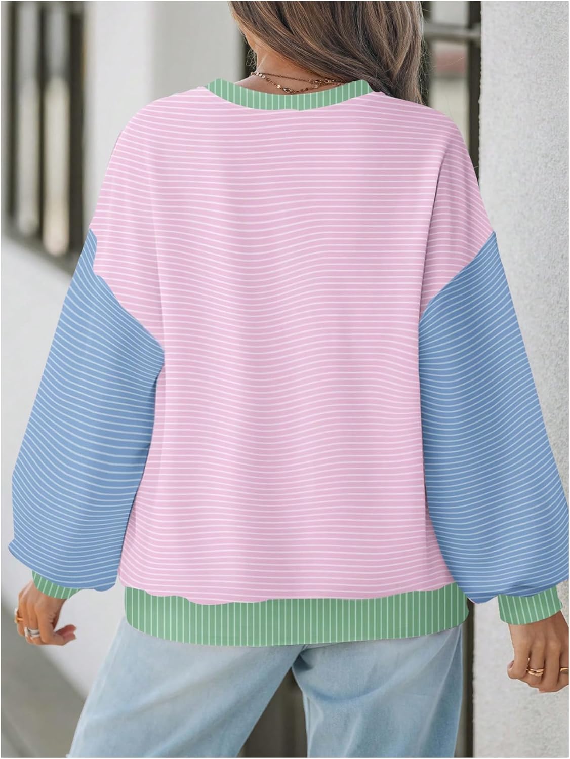 WDIRARA Women's Plus Size Colorblock Striped Sweatshirts Crew Neck Long Sleeve Pullover Tops - Image 2