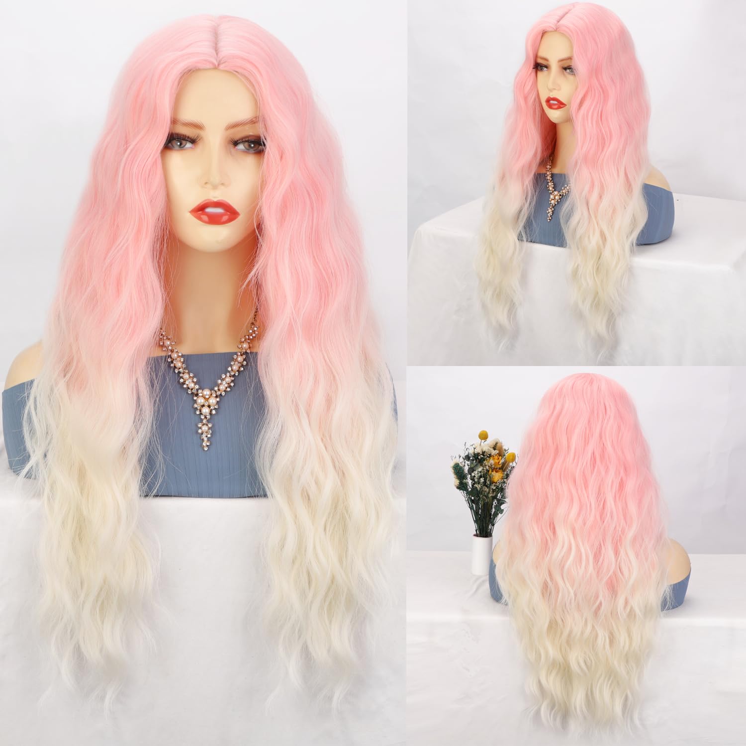 incohair Pink Ombre Wigs 27 inches Long Curly Wavy Wig for Women Pink to White Curly Hair Wigs Middle Parting Heat Resistant Synthetic Fiber Wigs for Daily Party Use Wig Cap Included (Pink to White)