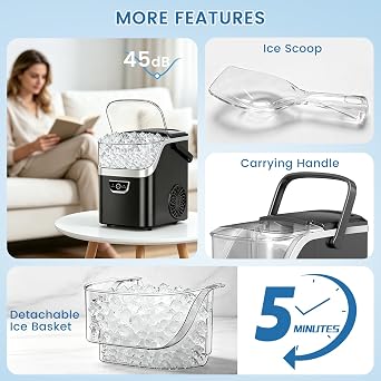 Electactic Nugget Ice Maker Countertop with Handle, Ready in 5 Mins, 34Lbs/24H Ice Machine, Auto-Cleaning Portable Pebble Ice Maker, Removable Top Cover, Basket & Scoop for Home Kitchen RV, Black
