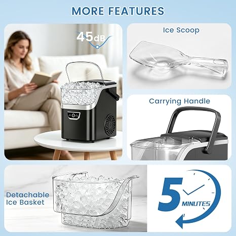 Electactic Nugget Ice Maker Countertop with Handle, Ready in 5 Mins, 34Lbs/24H Ice Machine, Auto-Cleaning Portable Pebble Ice Maker, Removable Top Cover, Basket & Scoop for Home Kitchen RV, Black
