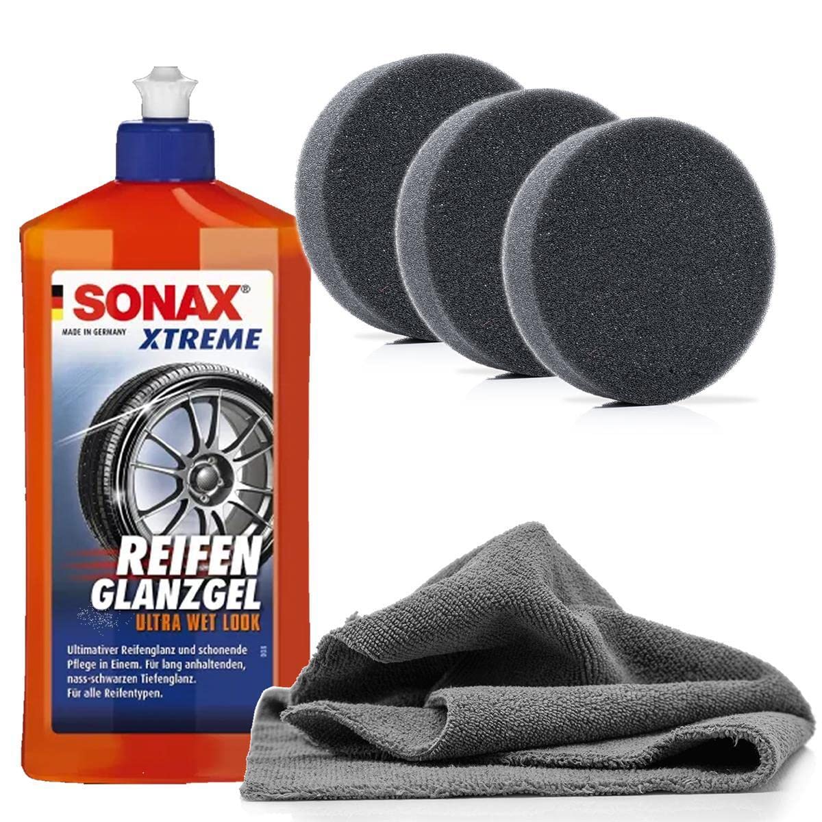 Reifenpflege Bundle - SONAX Xtreme ReifenGlanzGel 0,5L + 3x detailmate Applikatorpad + Mikrofasertuch - Pflegt und schützt Reifen & Gummi am Auto, für lang anhaltenden Glanz