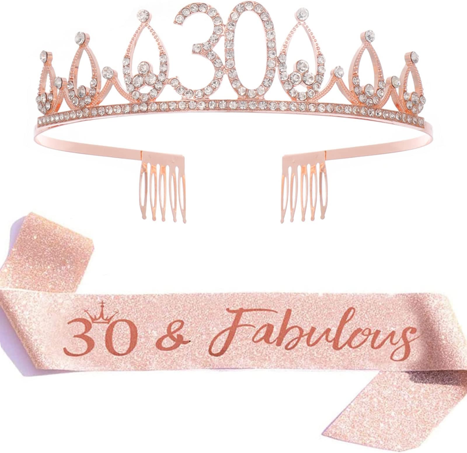 MUYEE 30 and Fabulous Sash & Rhinestone Tiara Set,30th Birthday Gifts,Rose Gold Birthday Sash/Tiara for Women's 30th Birthday Party Decoration