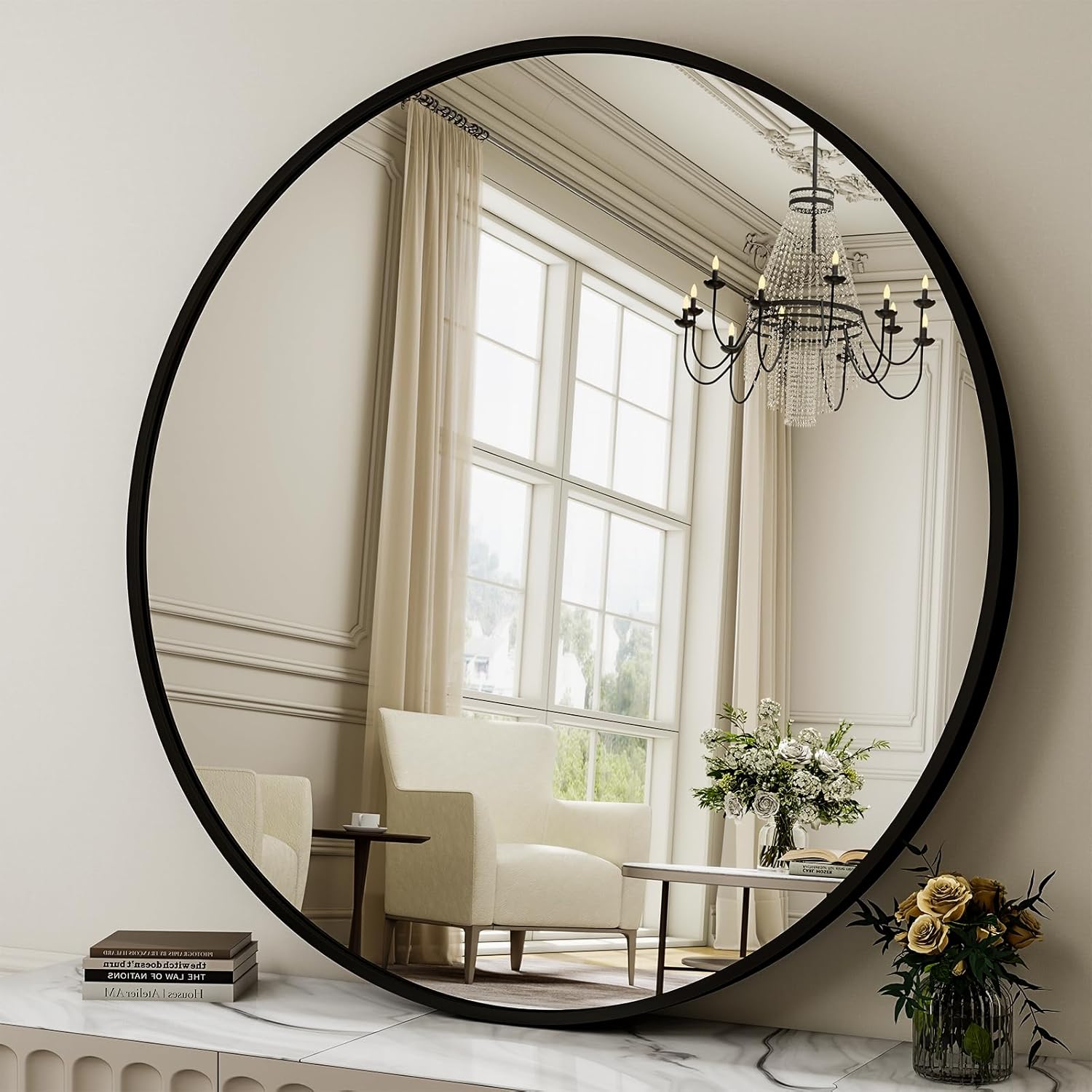 40 inch round mirror matte black frame reflecting bathroom vanity