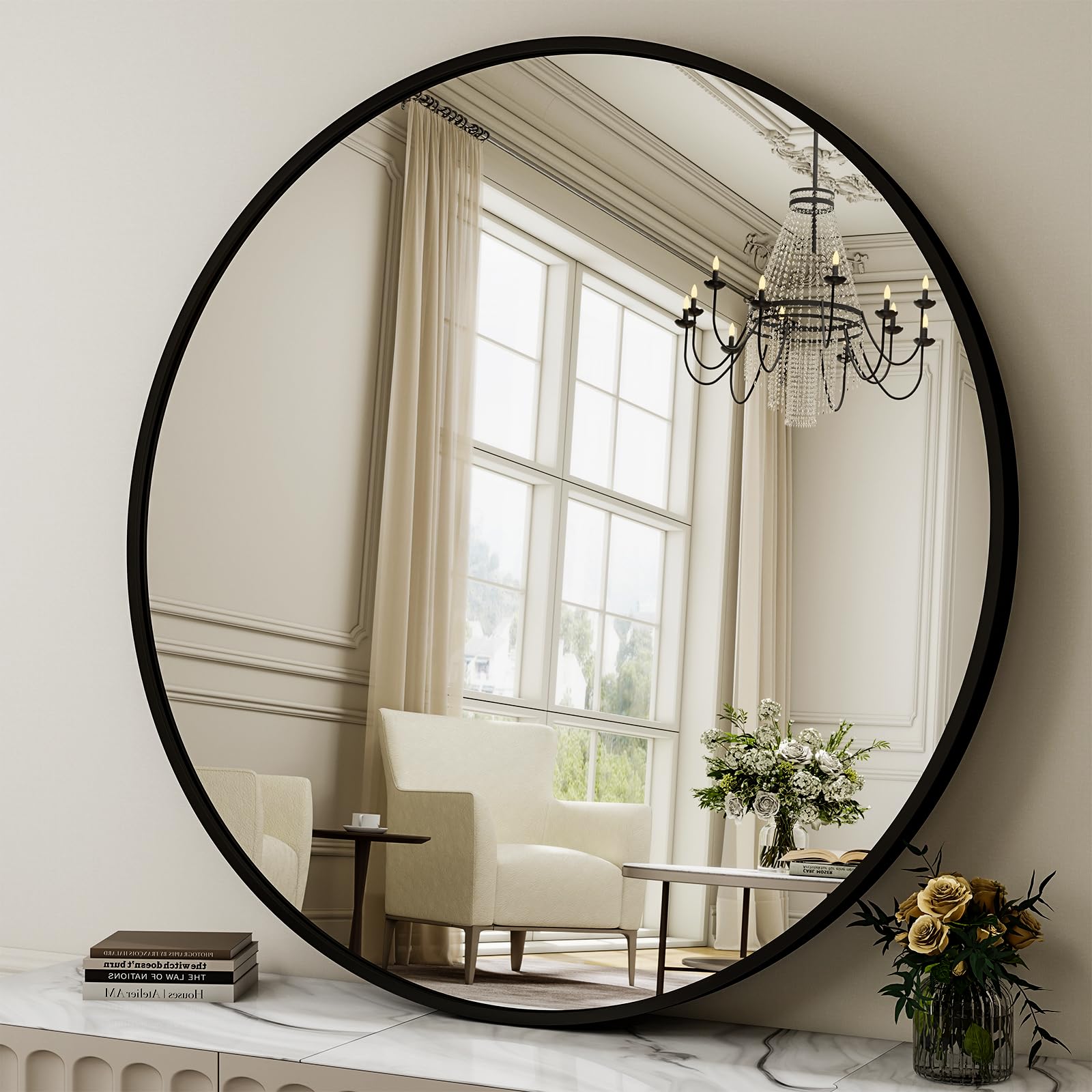 40 Inch Round Mirror - Circle Mirrors for Bathroom, Entryway and Living Room Wall Decor, Modern Hanging Vanity Mirror, Matte Black Circle Decorative Wall Mirror