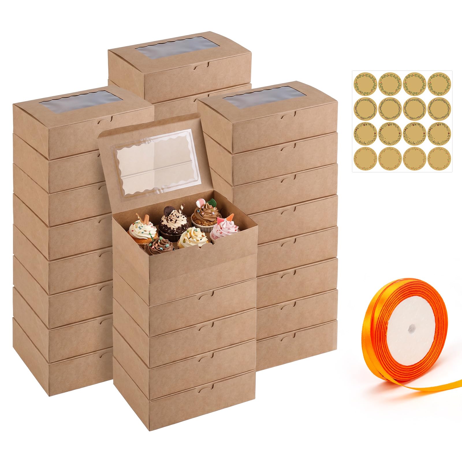 30 PCS Bakery Boxes with Window, Kraft Donut Boxes, Cookie Boxes for Gift Giving with Stickers and Orange Ribbon, Brown Pastry Boxes for Treats, Cupcakes, Afternoon Tea & Party Favours 21.5x13.5x5 cm