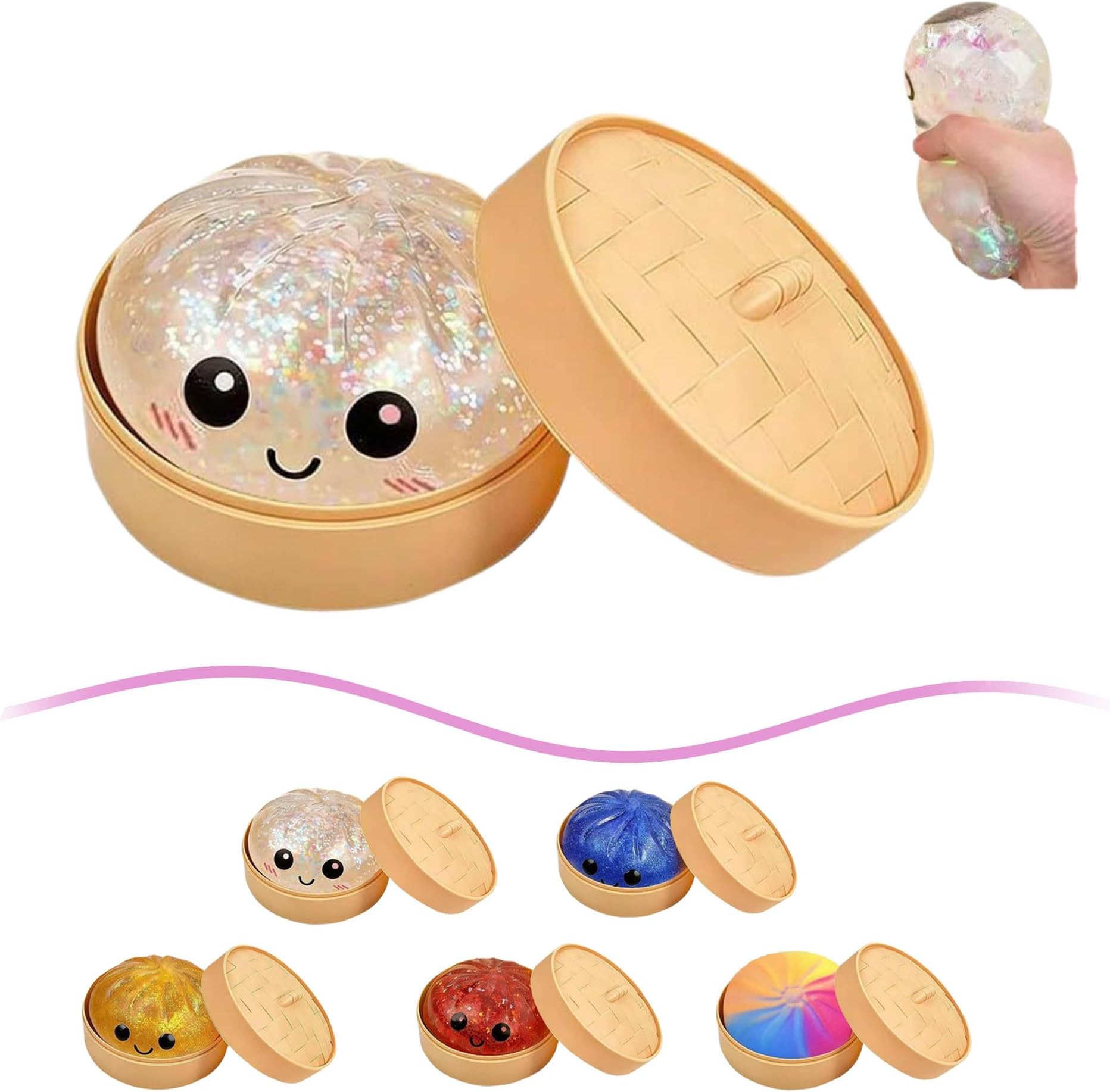 Mystery Dumpling Squishy, Squishy Dumpling Toy, Easter Basket Stuffers, Squeeze Dough Ball Stress Relief Hand Toys with Food Steamer Stretchy Desk Toys ﻿ ﻿ (A-Transparent)