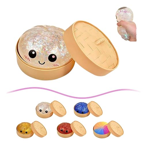 Mystery Dumpling Squishy, Squishy Dumpling Toy, Easter Basket Stuffers, Squeeze Dough Ball Stress Relief Hand Toys with Food Steamer Stretchy Desk Toys ﻿ ﻿ (A-Transparent)