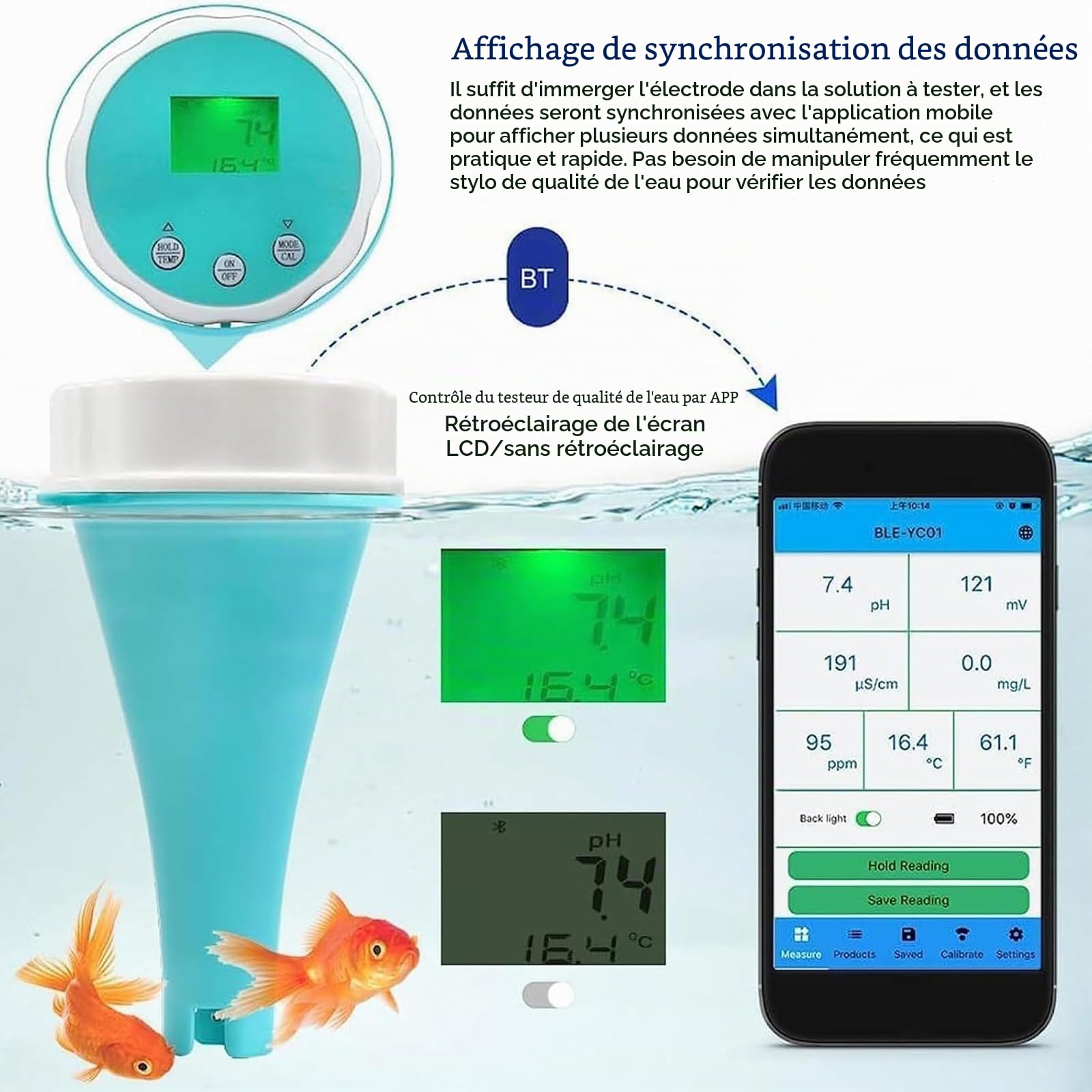 Détecteur Qualité L'eau, Testeur Qualité L'eau Piscine, Compteur 6 En 1 Avec Bluetooth, Mesure Professionnelle Du PH, Redox, Chlore, EC Et Température, Adapté L'eau Potable Maison Culture Hydroponique
