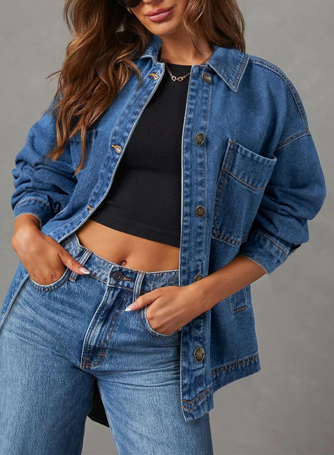 Sidefeel Women's Jean Jacket Oversized Boyfriend Button Up Long Sleeve Split Zimbaplatinum Denim Jackets - Image 3