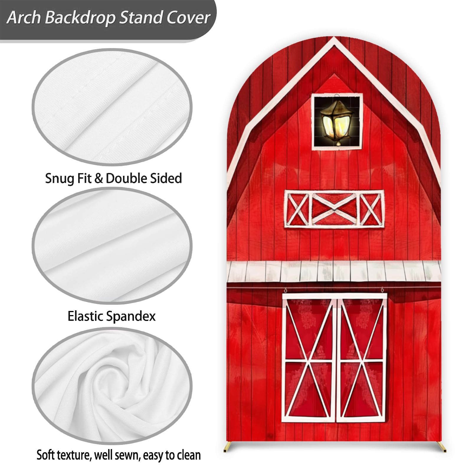 Red Farm Barn Arch Backdrop Cover 7.2ft Red Barn Birthday Spandex Arch Cover Backdrop Fabric 2-Sided Animals Round Top Stretchy Backdrop Stand Covers for Baby Shower Parties Photo Booth Background